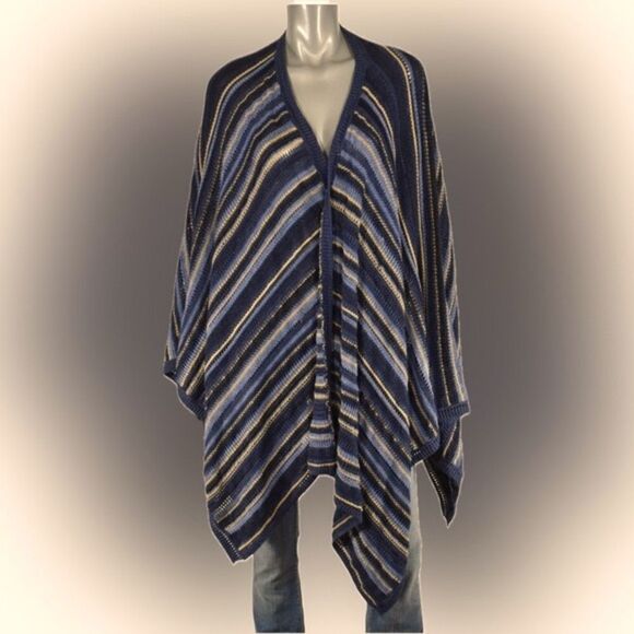 Ralph Lauren Spring 2022 Collection Blue Multi Ruana Stripe Cape Wrap Shawl - Picture 11 of 16